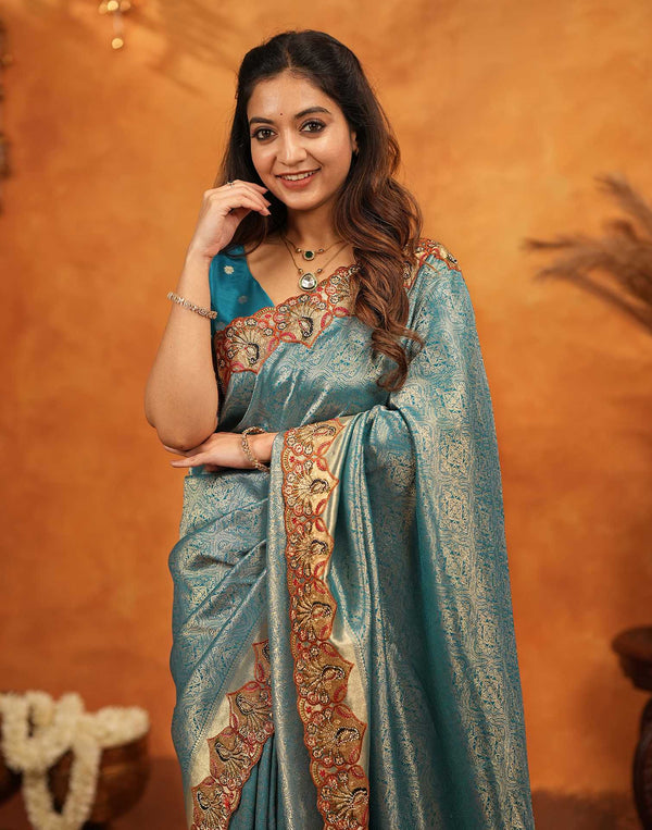 Dark Teal Blue Silk Woven Embroidery Stone Work Banarasi Saree