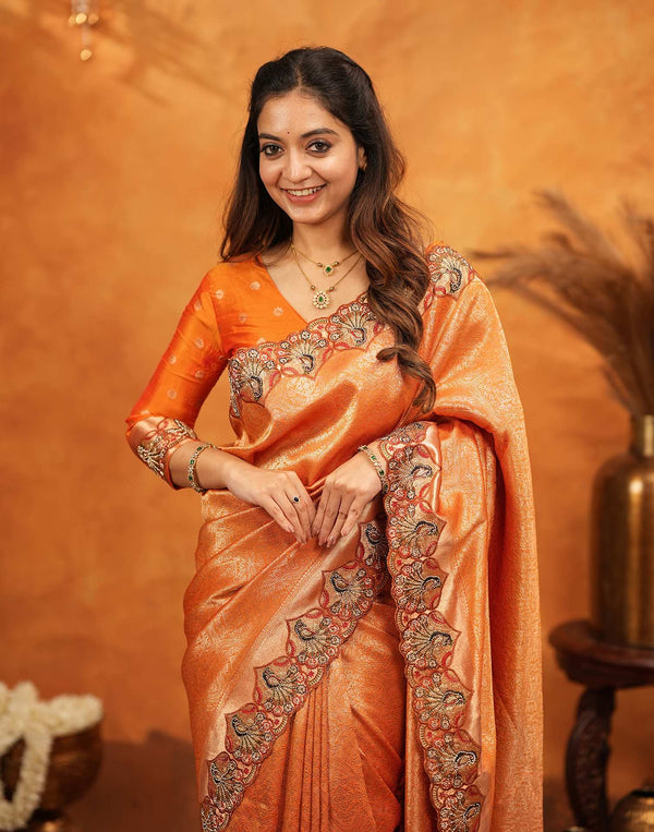 Orange Silk Woven Embroidery Stone Work Banarasi Saree