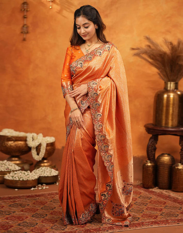 Orange Silk Woven Embroidery Stone Work Banarasi Saree