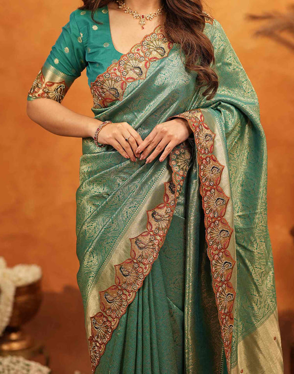 Teal Green Silk Woven Embroidery Stone Work Banarasi Saree