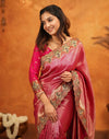 Dark Pink Silk Woven Embroidery Stone Work Banarasi Saree