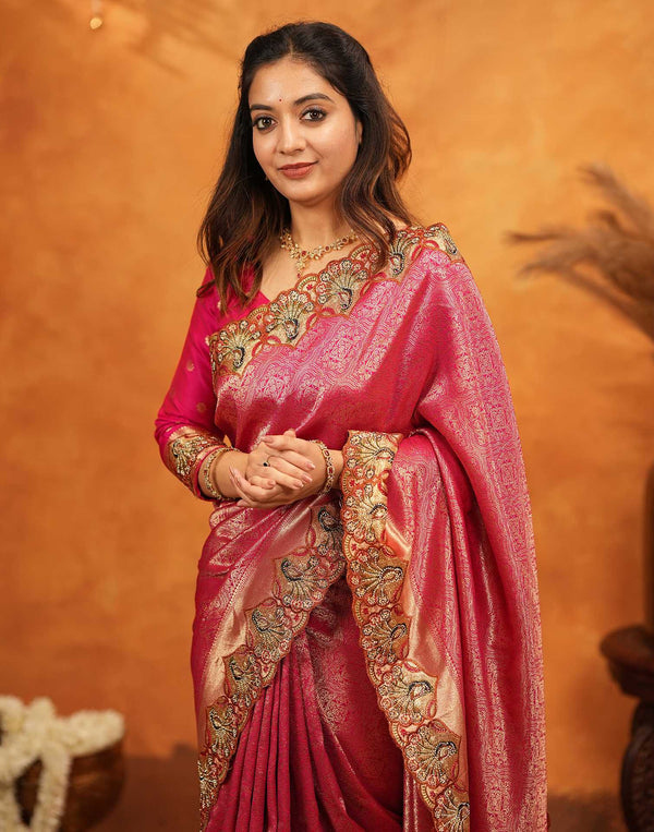 Dark Pink Silk Woven Embroidery Stone Work Banarasi Saree