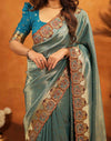 Teal Blue Silk Woven Embroidery Stone Work Banarasi Saree