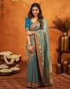 Teal Blue Silk Woven Embroidery Stone Work Banarasi Saree