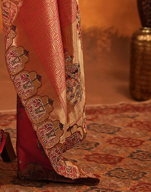 Red Silk Woven Embroidery Stone Work Banarasi Saree