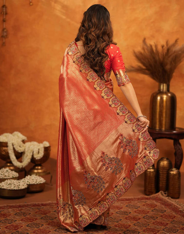 Red Silk Woven Embroidery Stone Work Banarasi Saree