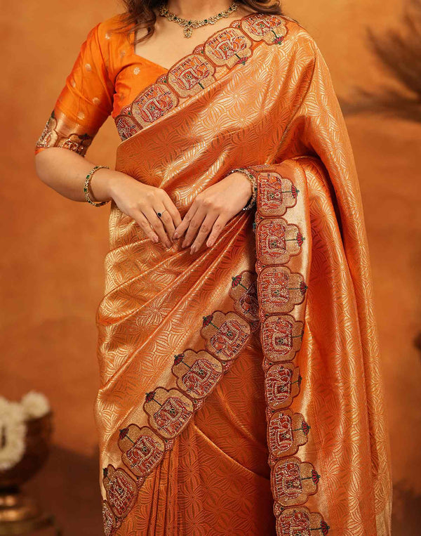 Orange Silk Woven Embroidery Stone Work Banarasi Saree