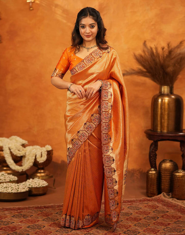 Orange Silk Woven Embroidery Stone Work Banarasi Saree