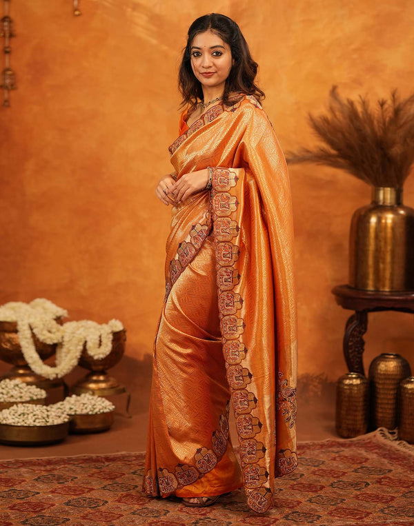 Orange Silk Woven Embroidery Stone Work Banarasi Saree
