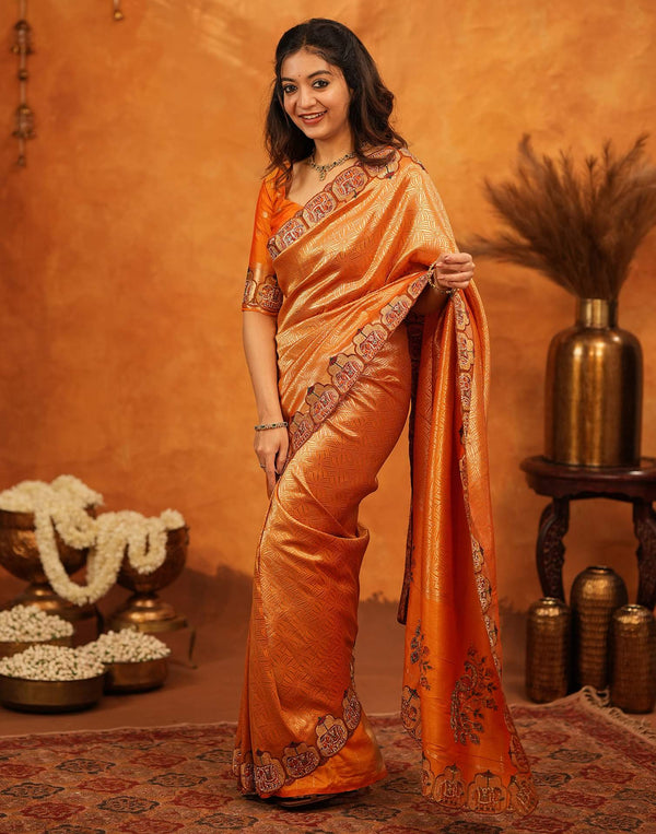 Orange Silk Woven Embroidery Stone Work Banarasi Saree