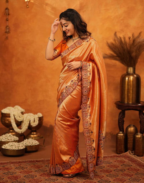 Orange Silk Woven Embroidery Stone Work Banarasi Saree