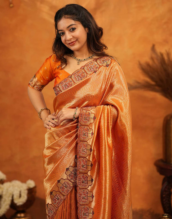 Orange Silk Woven Embroidery Stone Work Banarasi Saree