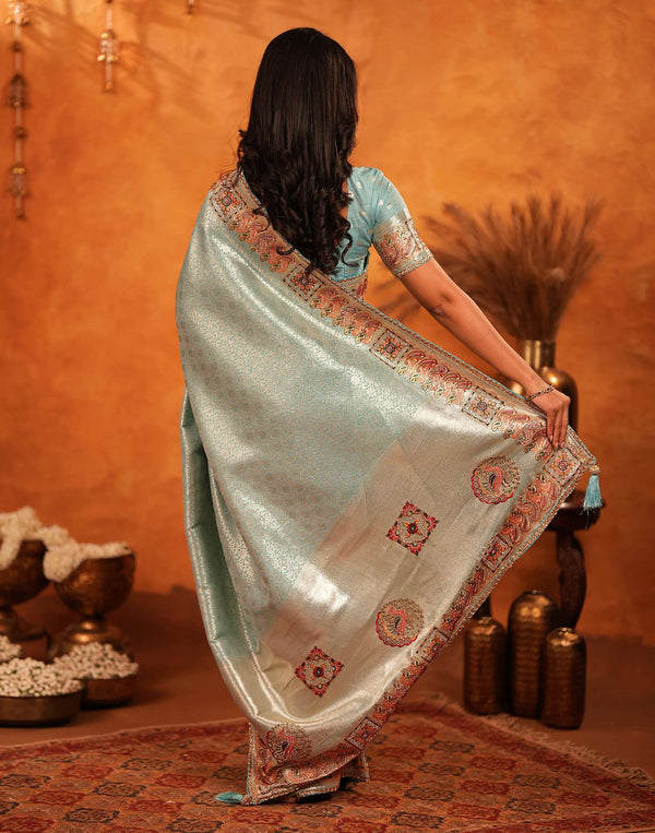 Turquoise Silk Woven Embroidery Stone Work Banarasi Saree