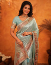 Turquoise Silk Woven Embroidery Stone Work Banarasi Saree