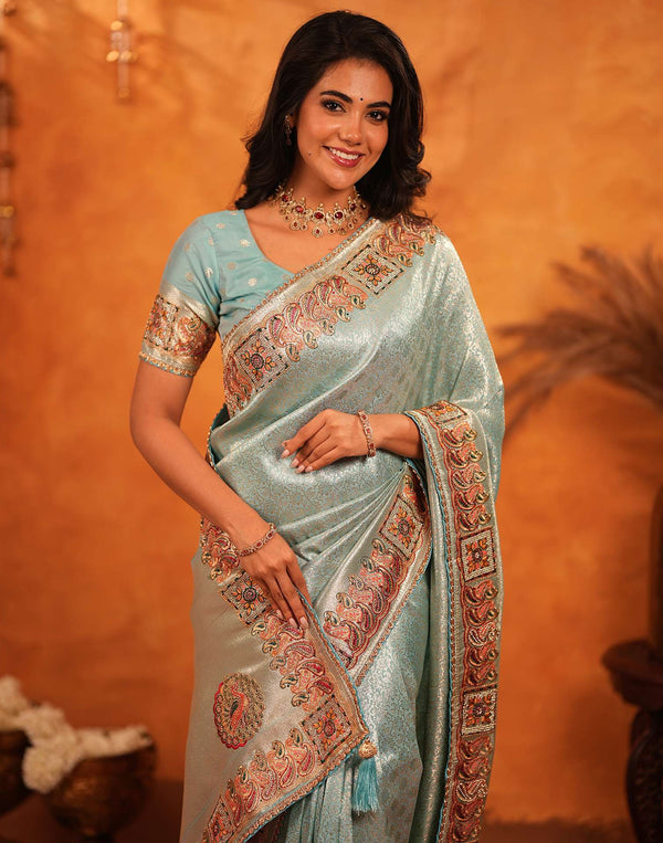 Turquoise Silk Woven Embroidery Stone Work Banarasi Saree