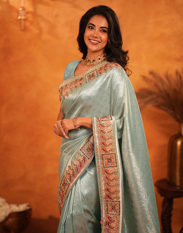 Turquoise Silk Woven Embroidery Stone Work Banarasi Saree