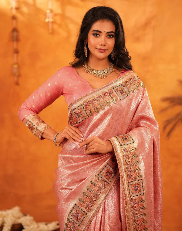Light Pink Silk Woven Embroidery Stone Work Banarasi Saree