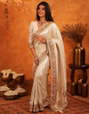 Off White Silk Woven Embroidery Stone Work Banarasi Saree