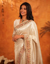 Off White Silk Woven Embroidery Stone Work Banarasi Saree