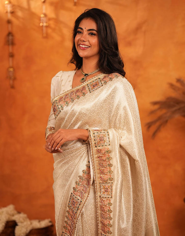 Off White Silk Woven Embroidery Stone Work Banarasi Saree