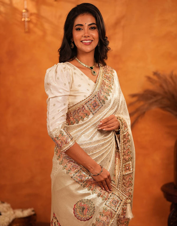 Off White Silk Woven Embroidery Stone Work Banarasi Saree