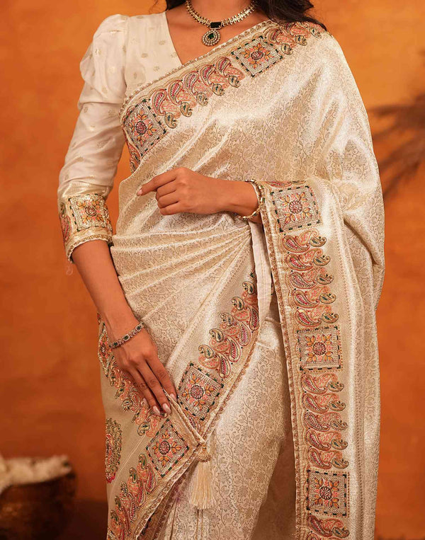 Off White Silk Woven Embroidery Stone Work Banarasi Saree