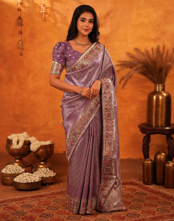 Dusty Purple Silk Woven Embroidery Stone Work Banarasi Saree