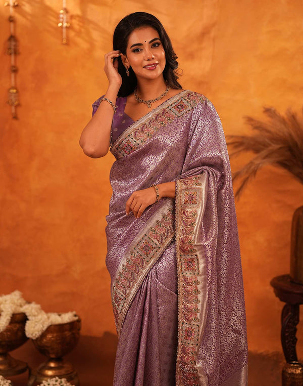 Dusty Purple Silk Woven Embroidery Stone Work Banarasi Saree