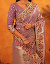 Dusty Purple Silk Woven Embroidery Stone Work Banarasi Saree