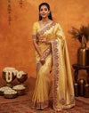 Light Yellow Silk Woven Embroidery Stone Work Banarasi Saree