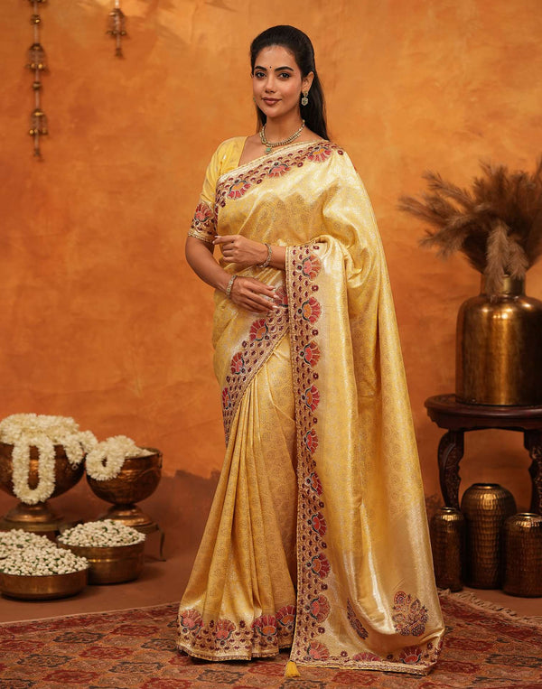 Light Yellow Silk Woven Embroidery Stone Work Banarasi Saree