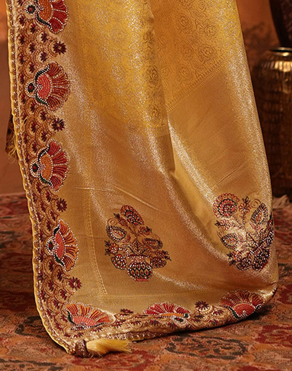 Light Yellow Silk Woven Embroidery Stone Work Banarasi Saree