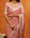 Coral Pink Silk Woven Embroidery Stone Work Banarasi Saree