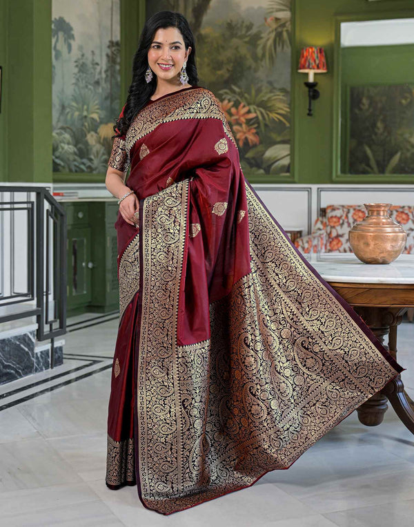 Maroon Silk Woven Banarasi Saree