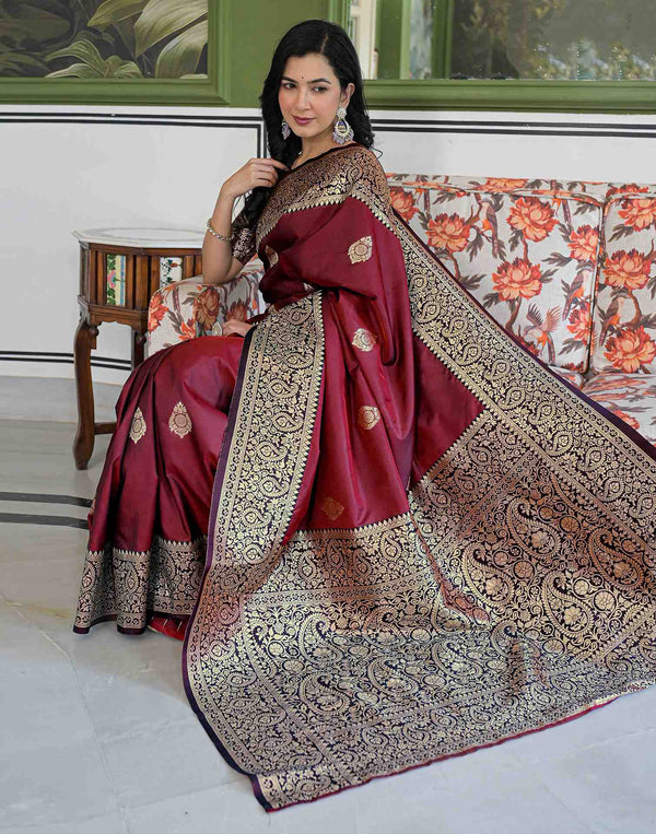 Maroon Silk Woven Banarasi Saree