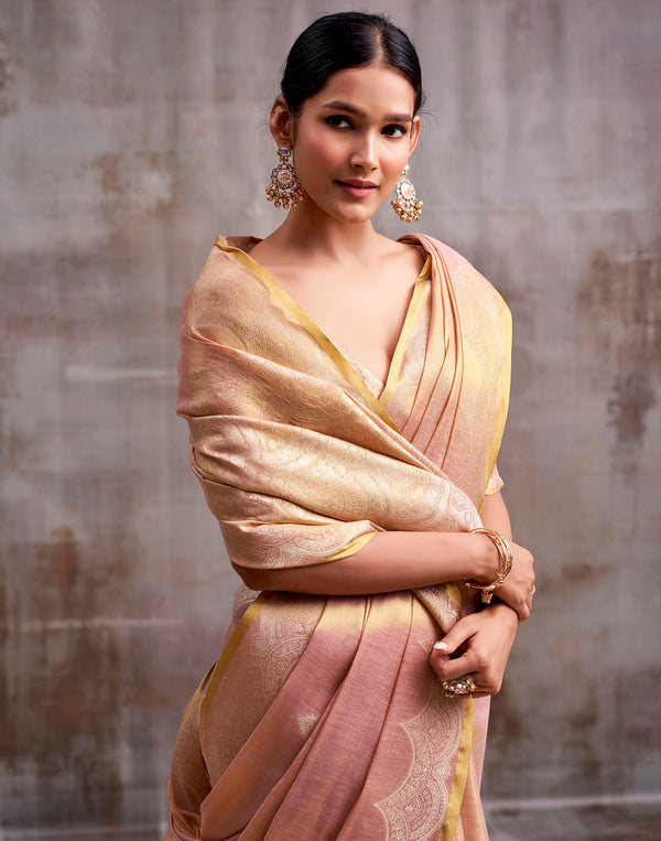 Dusty Rose Pink Tissue Silk Woven Banarasi Saree
