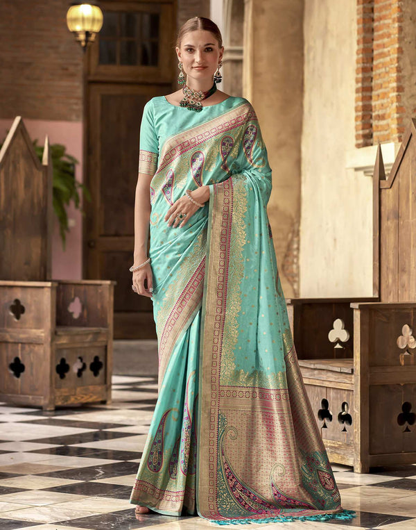 Turquoise Silk Woven Banarasi Saree