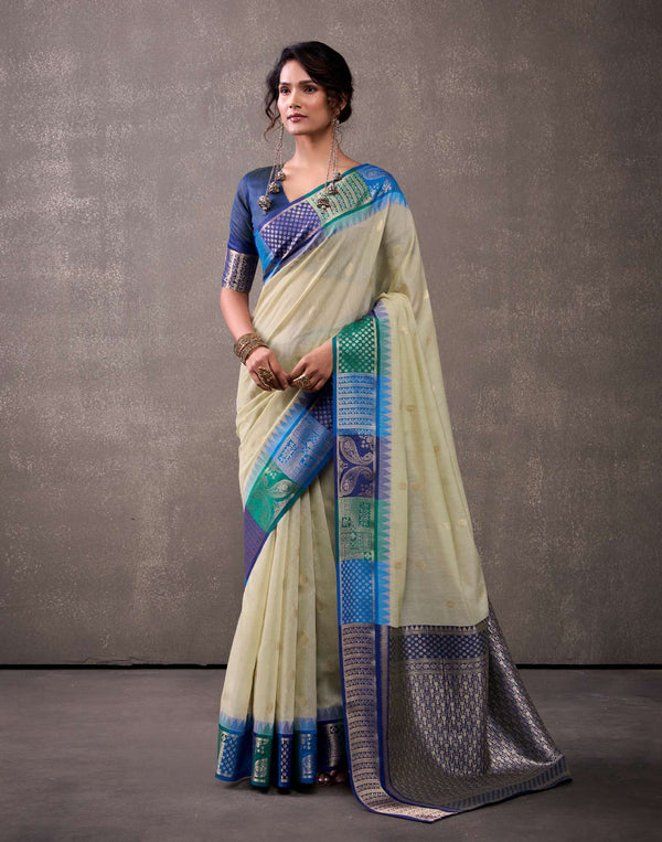 Beige Cotton Woven Banarasi Saree