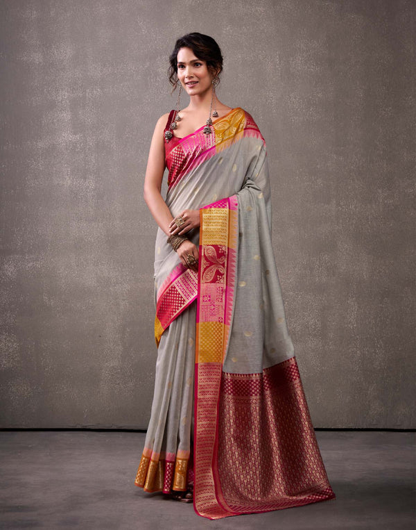 Grey Cotton Woven Banarasi Saree