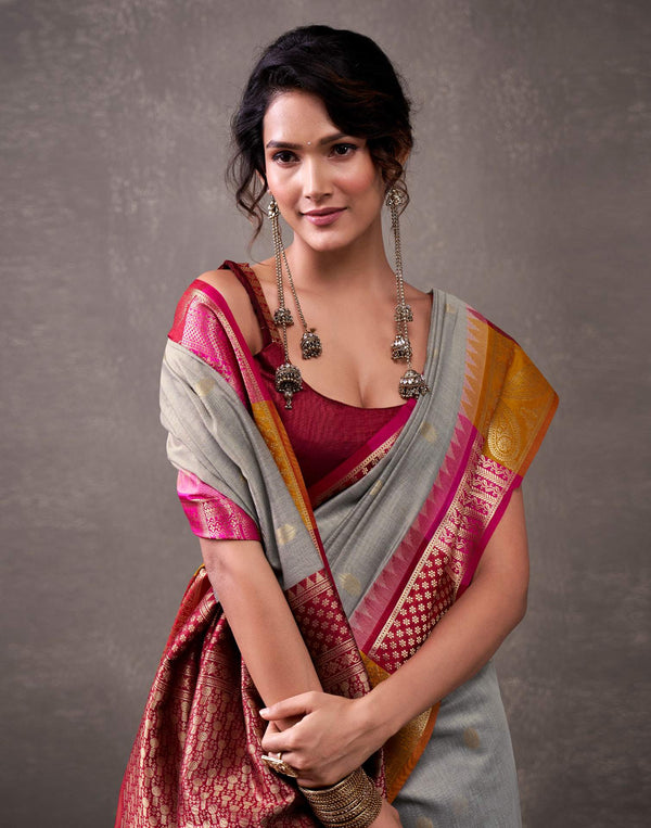 Grey Cotton Woven Banarasi Saree