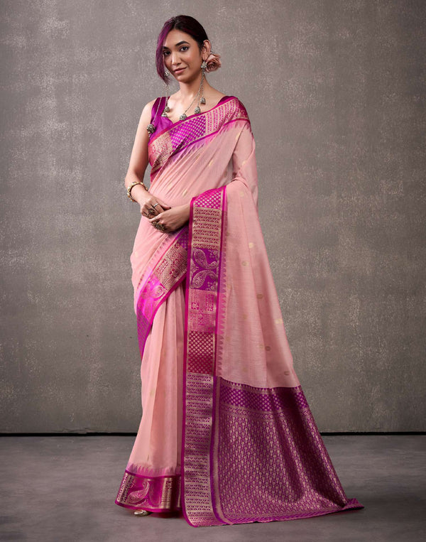 Dusty Rose Pink Cotton Woven Banarasi Saree