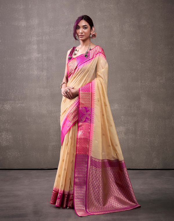 Cream Cotton Woven Banarasi Saree