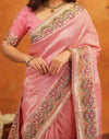 Light Pink Silk Woven Embroidery Stone Work Banarasi Saree