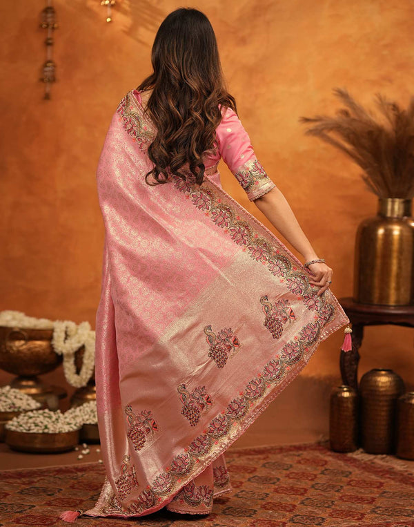 Light Pink Silk Woven Embroidery Stone Work Banarasi Saree