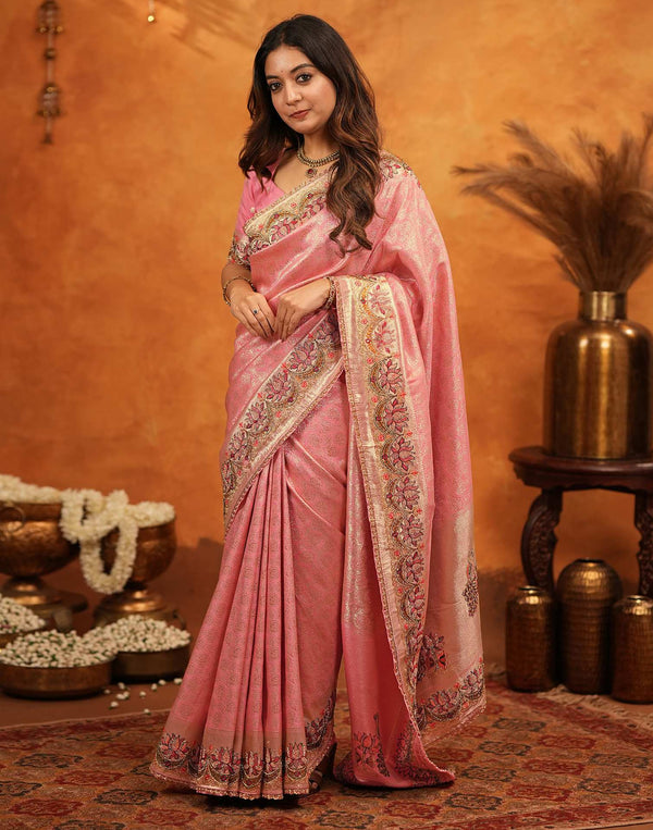 Light Pink Silk Woven Embroidery Stone Work Banarasi Saree