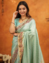 Turquoise Blue Silk Woven Embroidery Stone Work Banarasi Saree