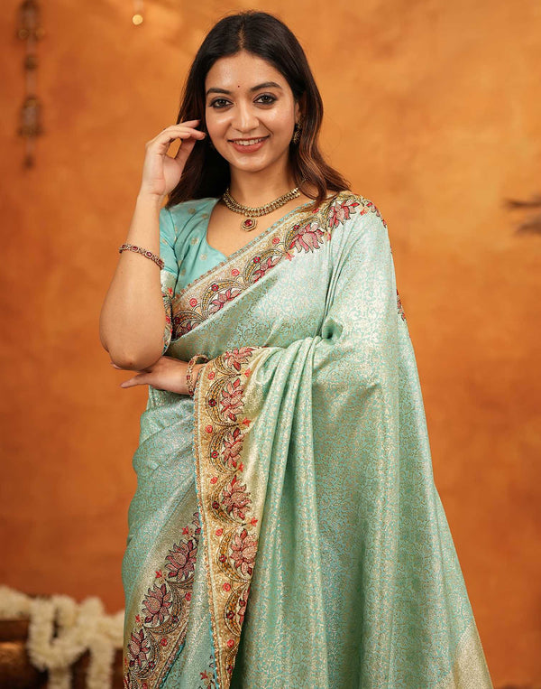 Turquoise Blue Silk Woven Embroidery Stone Work Banarasi Saree