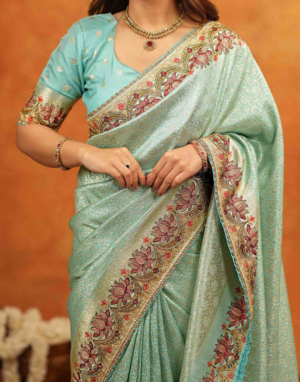 Turquoise Blue Silk Woven Embroidery Stone Work Banarasi Saree