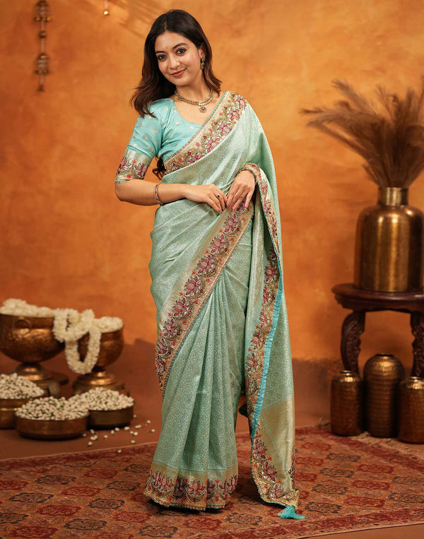 Turquoise Blue Silk Woven Embroidery Stone Work Banarasi Saree
