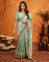 Turquoise Blue Silk Woven Embroidery Stone Work Banarasi Saree